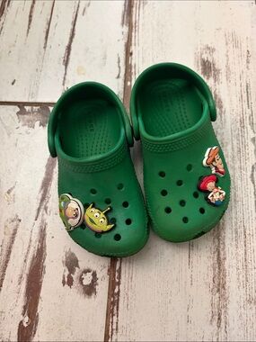 Kids Green Clog Shoes with Toy Story Charms